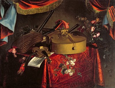 Still Life of Musical Instruments on a Table with Flowers by Evert Collier